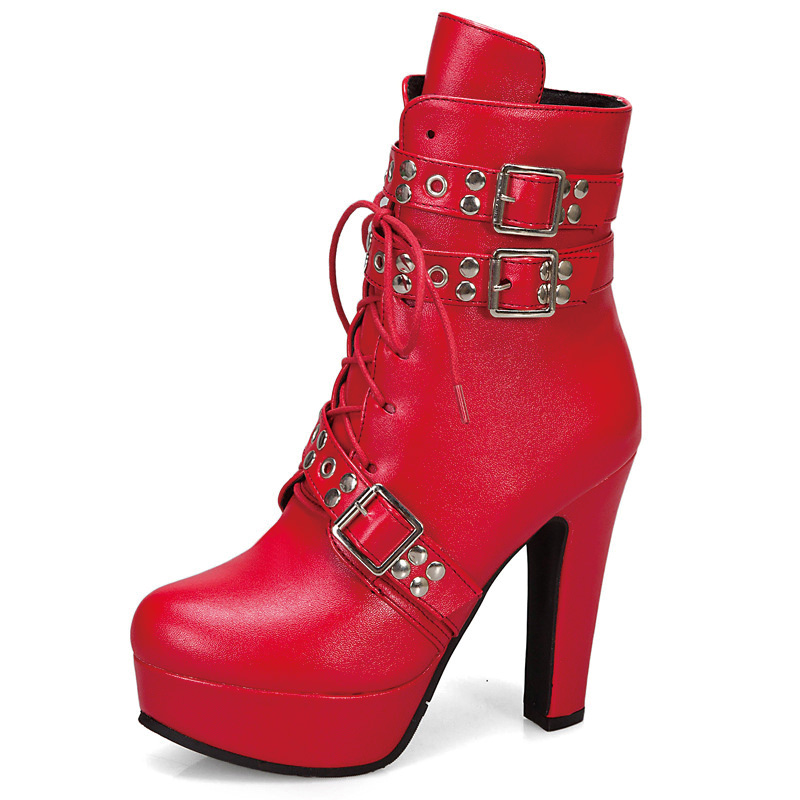 Shoeswoon Faux‑Leather Studded Multi‑Buckle Lace‑Up Platform Ankle Boots