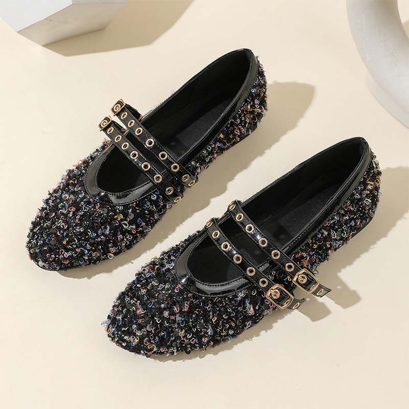 Shoeswoon Chic Textured Double Strap Round Toe Fashion Mary Jane