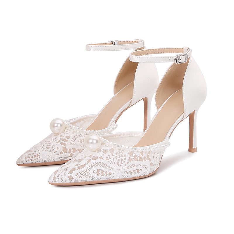 Shoeswoon Sheer Crochet Lace Single Pearl Ankle Buckle Bridal High Heels