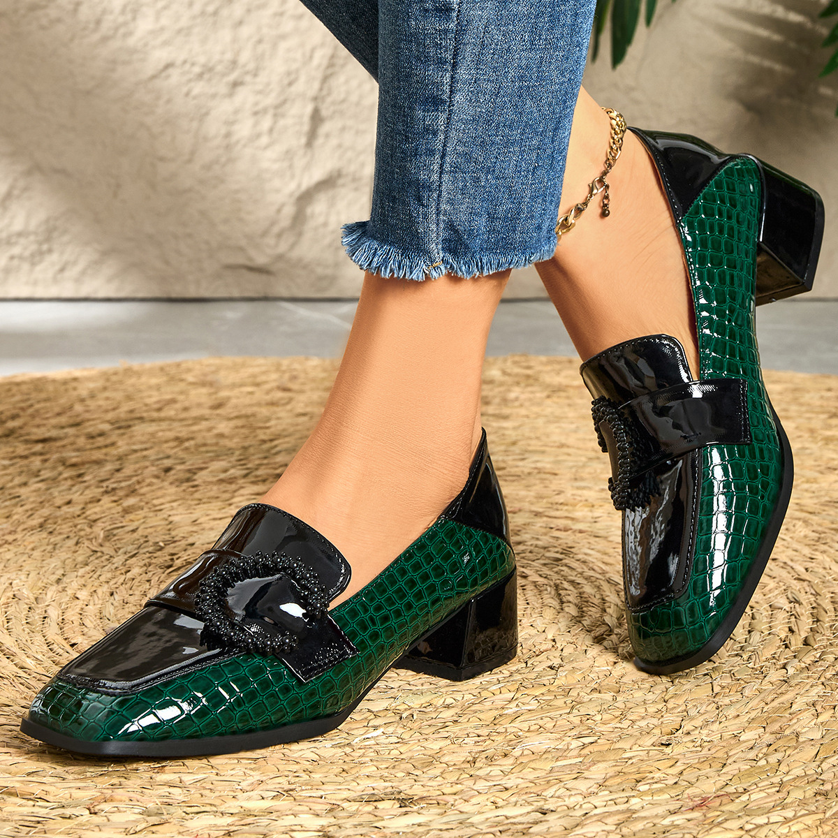 Shoeswoon Green Croc Print Patent Beaded Buckle Block Heel Loafers