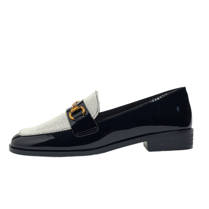 Shoeswoon Black‑White Contrast Spliced Square Toe Gold Buckle Low‑Heel Ladies Fashion Loafers