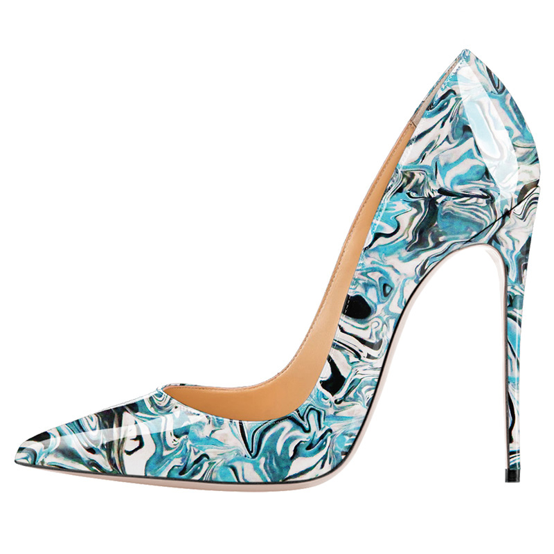 Shoeswoon Colorful Floral Print Patent Pointed Toe Slim Stiletto High Heel Pumps