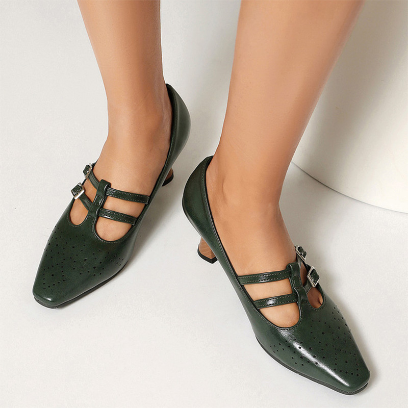 Shoeswoon Vintage Double‑Buckle Cut‑Out Square Toe Kitten‑Heel Mary Janes