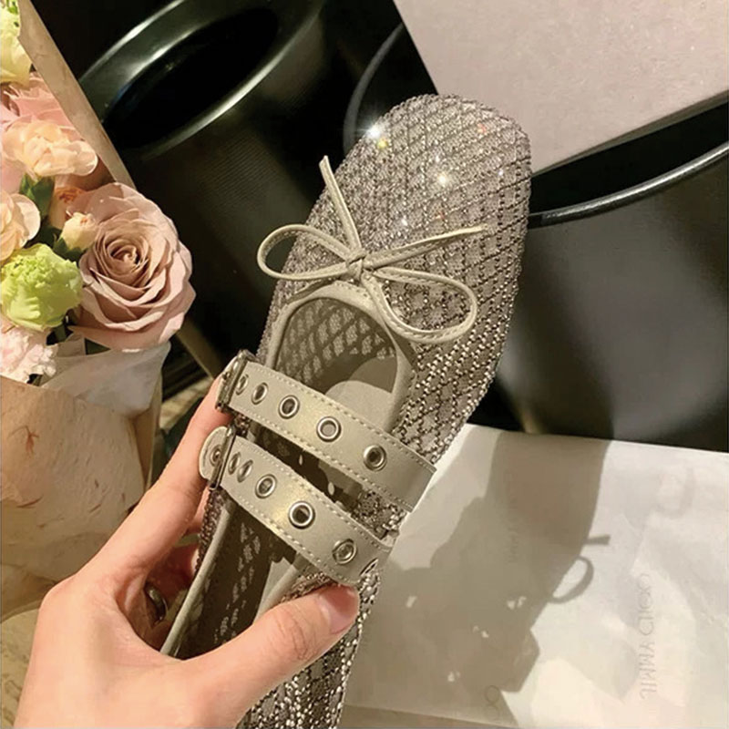 Shoeswoon Mesh Rhinestone Double Buckle Bow Mary Jane Flats