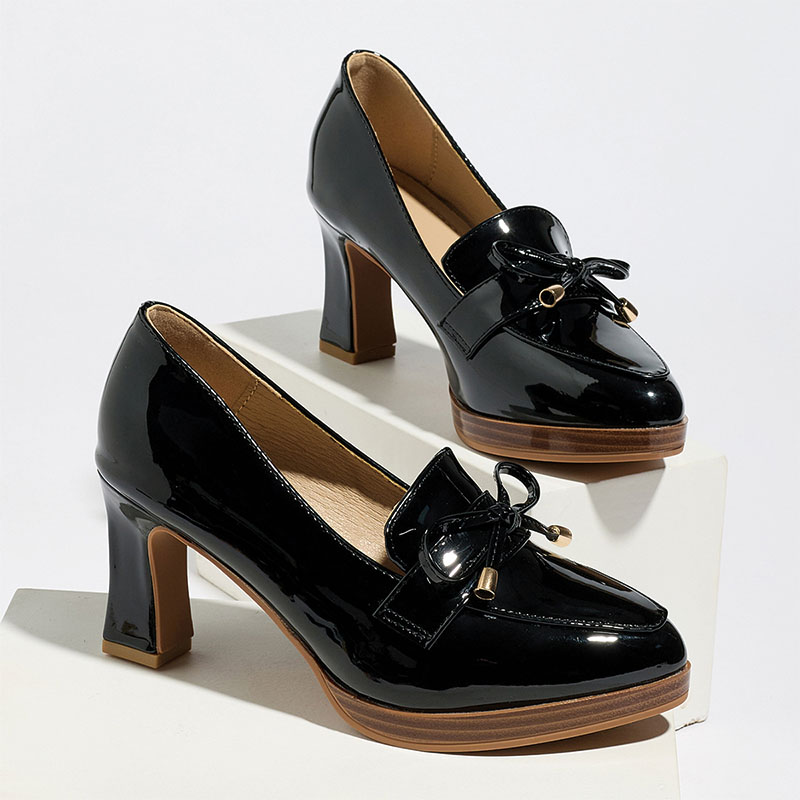 Shoeswoon Black Patent Bow Decor Platform Block Heel Loafer Pumps