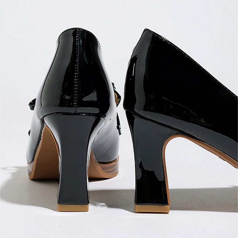 Shoeswoon Black Patent Bow Decor Platform Block Heel Loafer Pumps
