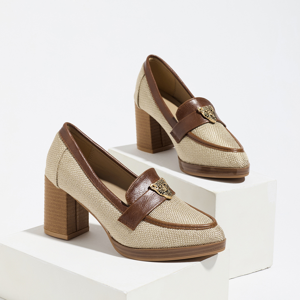Shoeswoon Retro Beige Fabric Leopard Metal Accent Block Heel Loafer Shoes