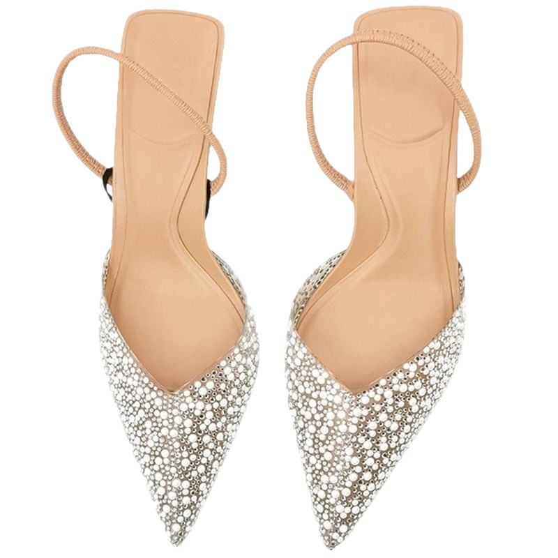 Shoeswoon Pointed Toe Pearl Embellished Slingback Kitten Heel Sandlas