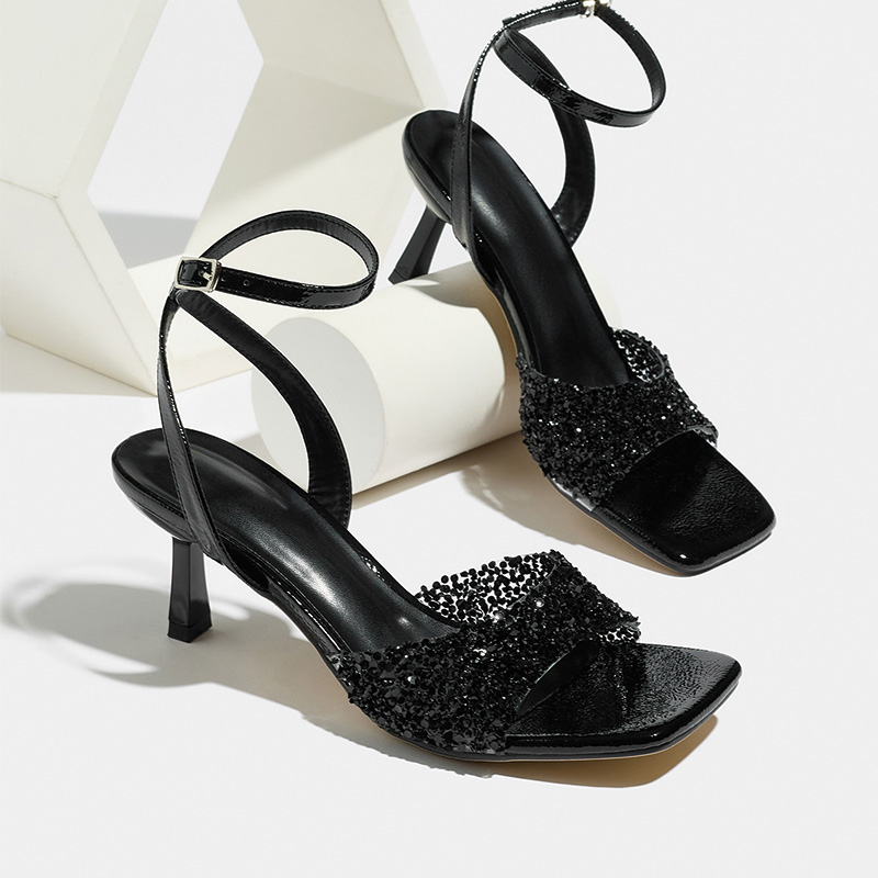 Shoeswoon Rhinestone Glitter Ankle Strap Square Toe Kitten Heel Sandals