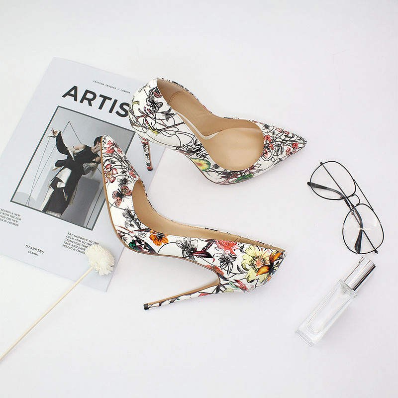 Shoeswoon Colorful Floral Print Patent Pointed Toe Slim Stiletto High Heel Pumps