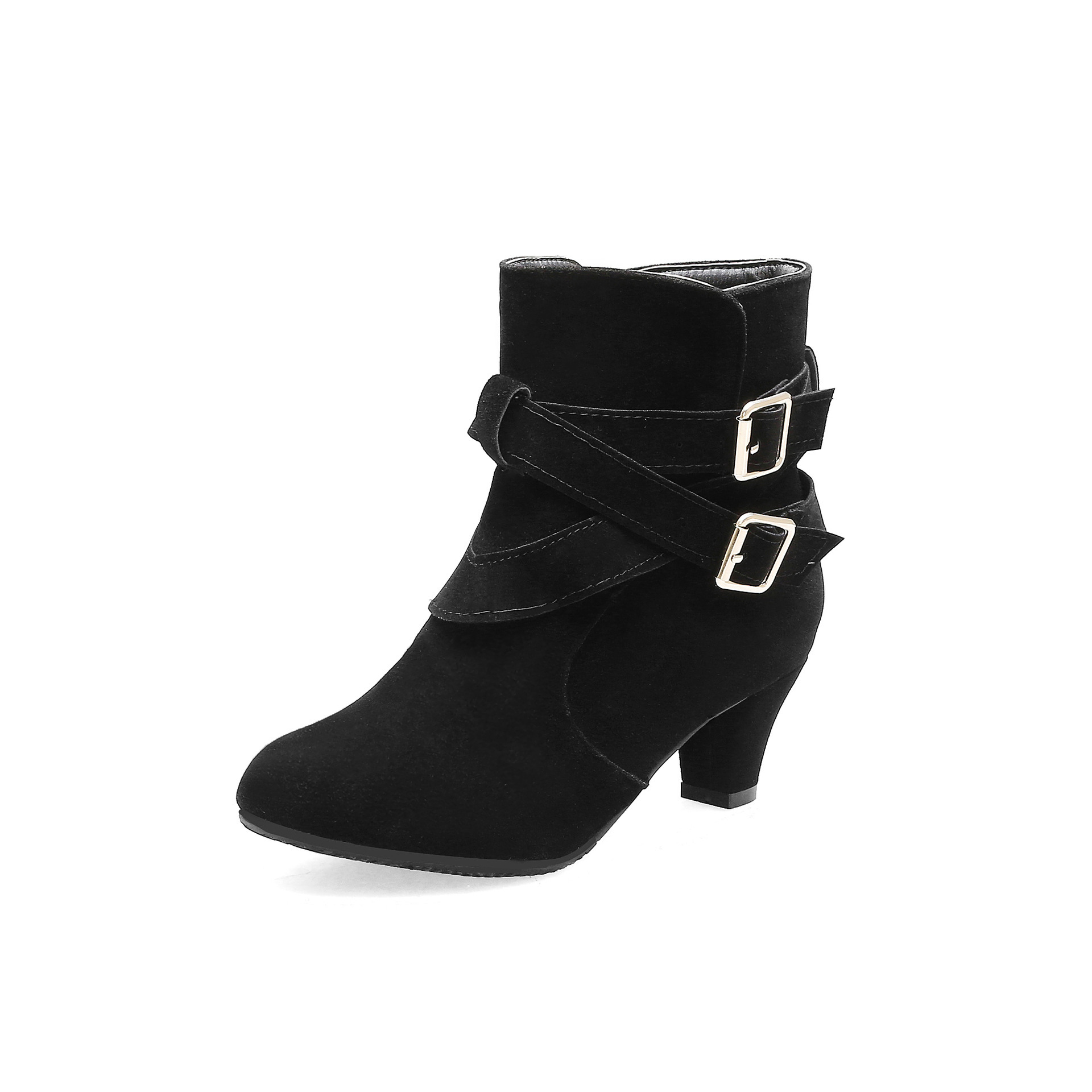 Shoeswoon Suede‑Texture Ankle Boots Multi‑Buckle Wrapped Straps Round Toe Low Block Heel