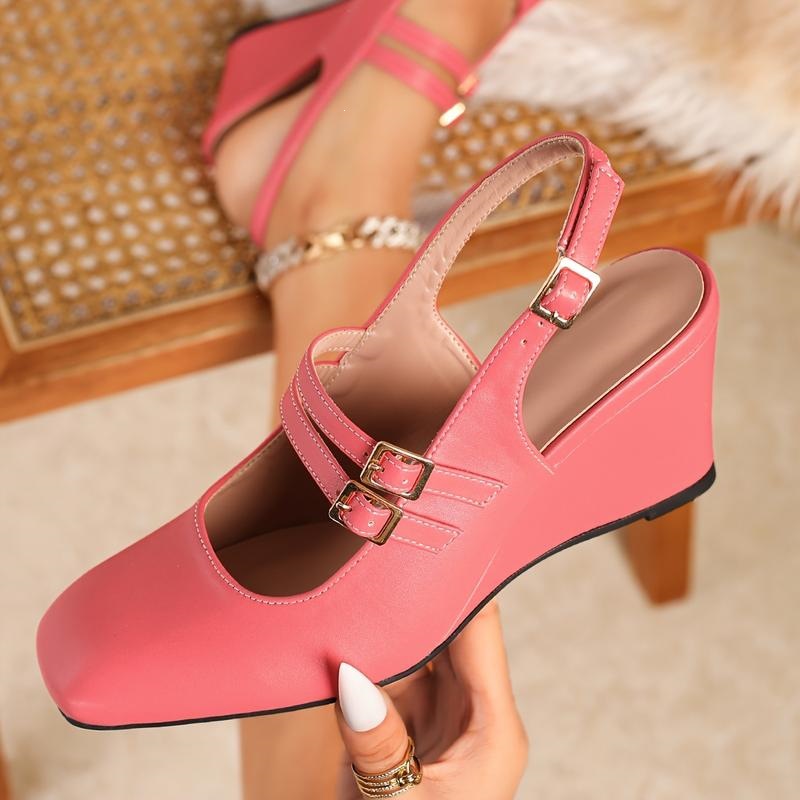 Shoeswoon Square‑Toe Double Strap Sling‑Back Wedge Heel Women's Mary Jane Pumps