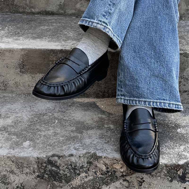 Shoeswoon Ruched Genuine Leather Penny Slip-On Flat Loafers