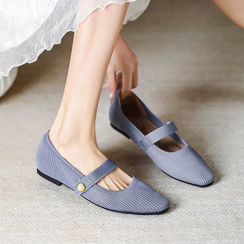 Shoeswoon Ribbed Knit Pearl Button Square Toe Mary Jane Flat Shoes
