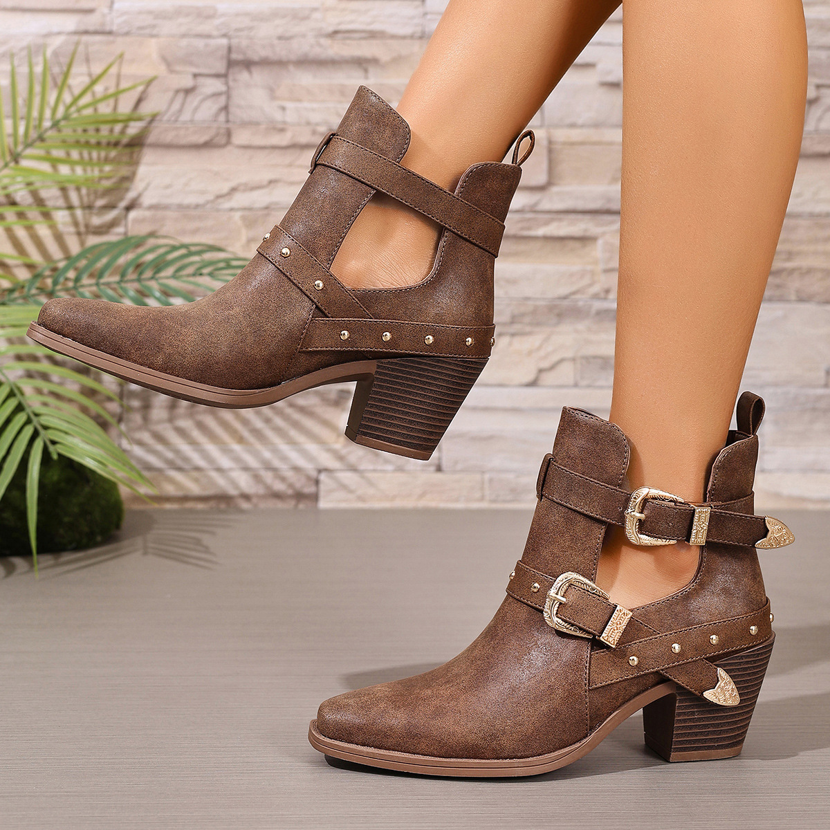 Shoeswoon Rivet Buckle Western Ankle Boots Cutout Vamp Block Heel