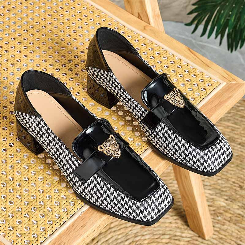 Shoeswoon Retro Black Patent & Houndstooth Fabric Square Toe Chunky Heel Ladies Fashion Loafers