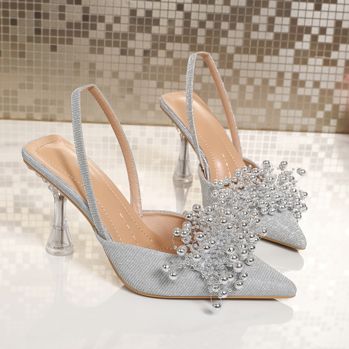 Shoeswoon Beaded Flower Slingback Pumps Pointed Toe Glitter Upper Clear Sculpted Heel