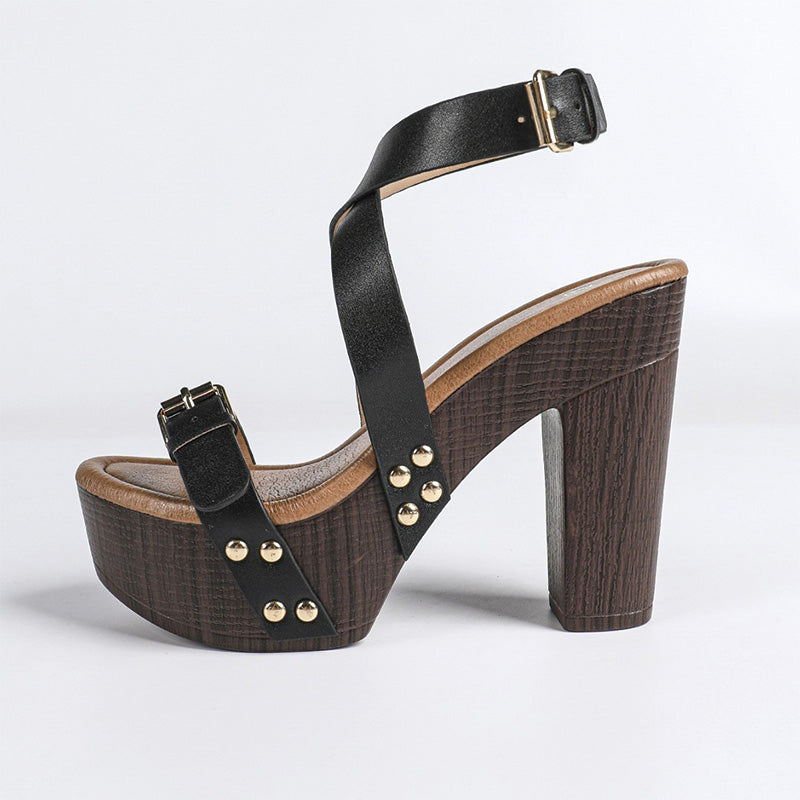 Shoeswoon Crisscross Toe Loop Ankle Buckle Chunky Wood Platform Sandals