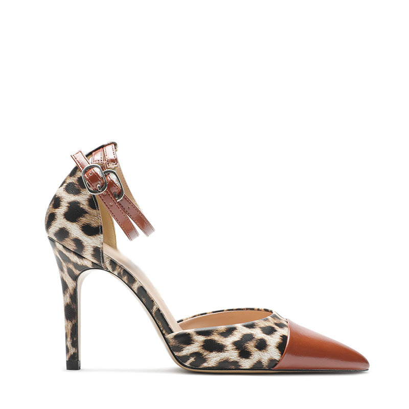 Shoeswoon Two-Tone Leopard Print Ankle Strap Stiletto High Heels