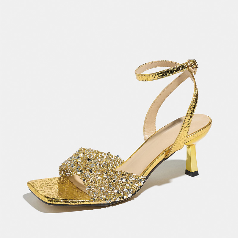 Shoeswoon Rhinestone Glitter Ankle Strap Square Toe Kitten Heel Sandals