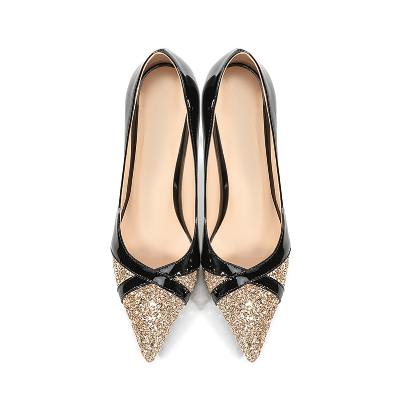 Shoeswoon Pointy Toe Glitter Splicing Patent Stiletto Evening Pumps