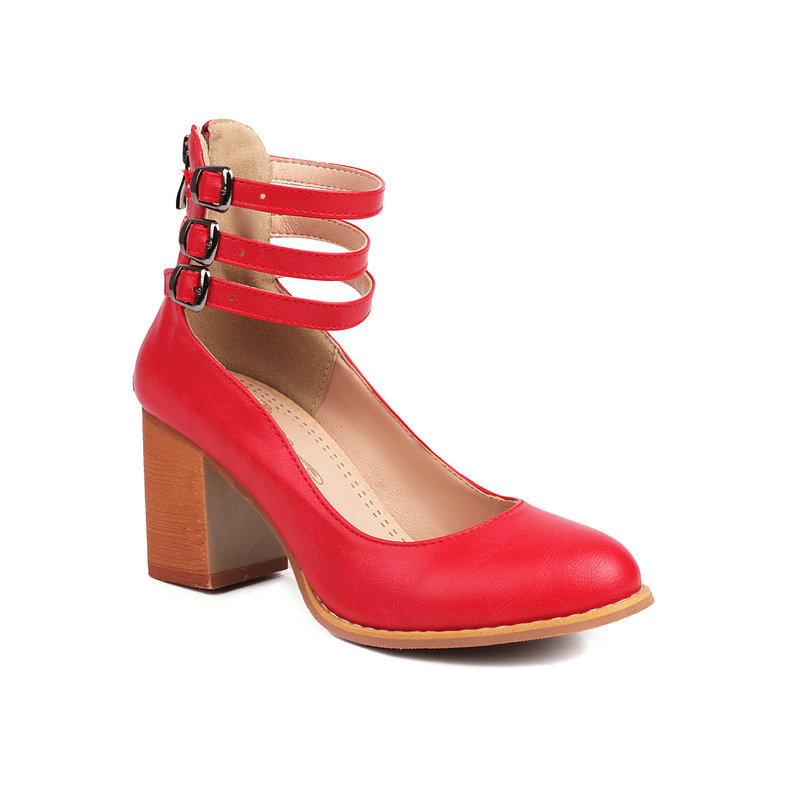 Shoeswoon Retro Triple Buckle Back‑Zip Mid Heel Mary Jane Shoes