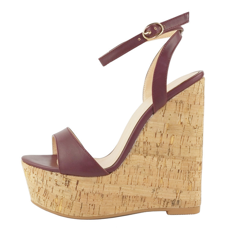Shoeswoon Single Strap Ankle Buckle Cork Platform Wedge Sandals