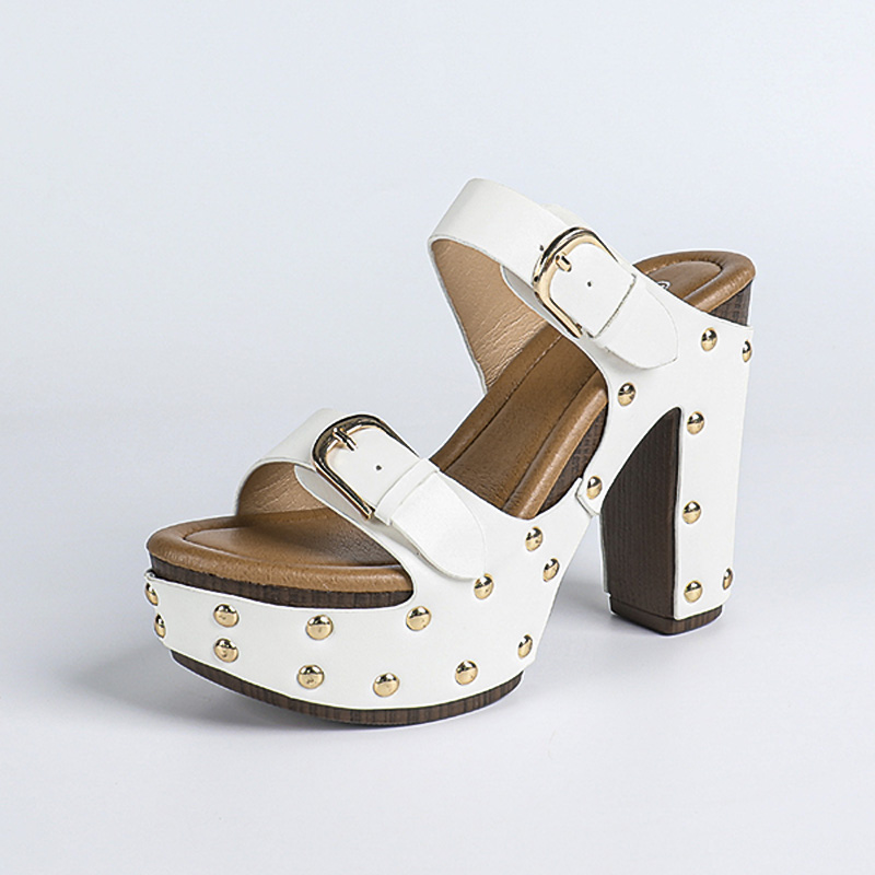 Shoeswoon Double Buckle Gold Stud Platform Chunky Heel Slide Mule Sandals