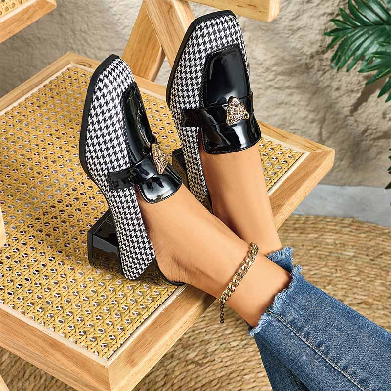 Shoeswoon Retro Black Patent & Houndstooth Fabric Square Toe Chunky Heel Ladies Fashion Loafers