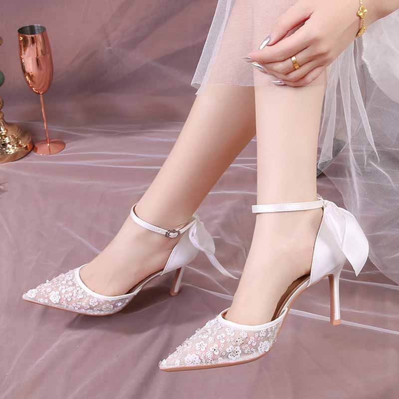 Shoeswoon Elegant Satin Bow Ankle Strap Stiletto High Heels