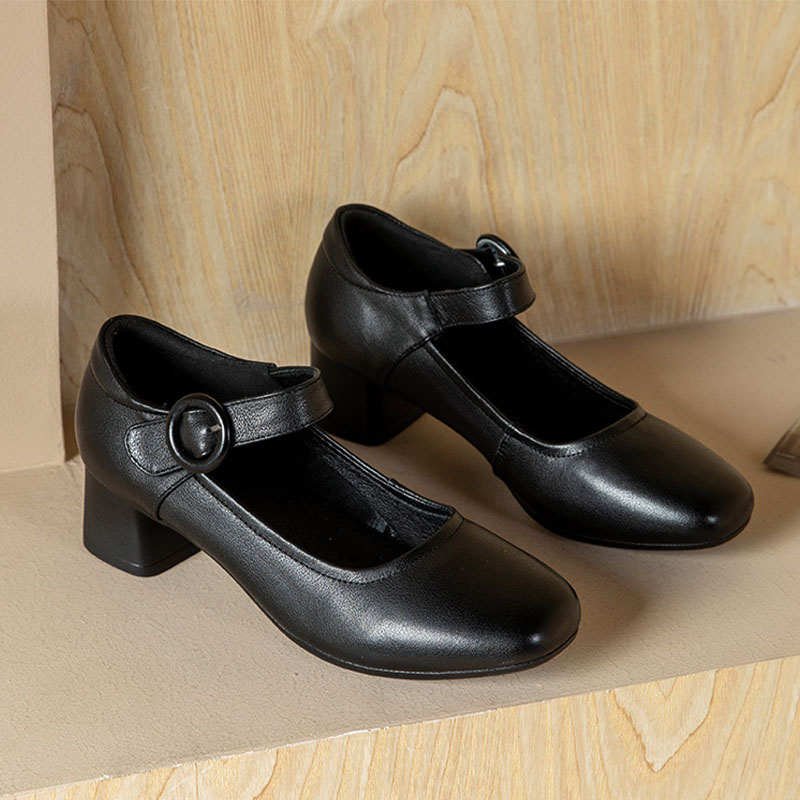 Shoeswoon Round Toe Single Buckle Ankle Strap Low Block Heel Mary Jane Pumps