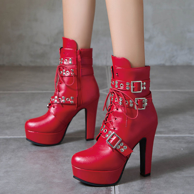 Shoeswoon Faux‑Leather Studded Multi‑Buckle Lace‑Up Platform Ankle Boots
