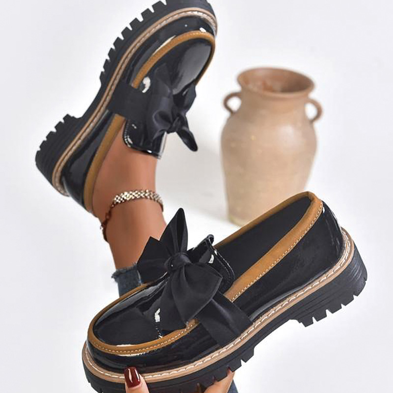 Shoeswoon Satin Bow Decor Patent Slip‑On Chunky Lug Platform Women's Loafer Shoes