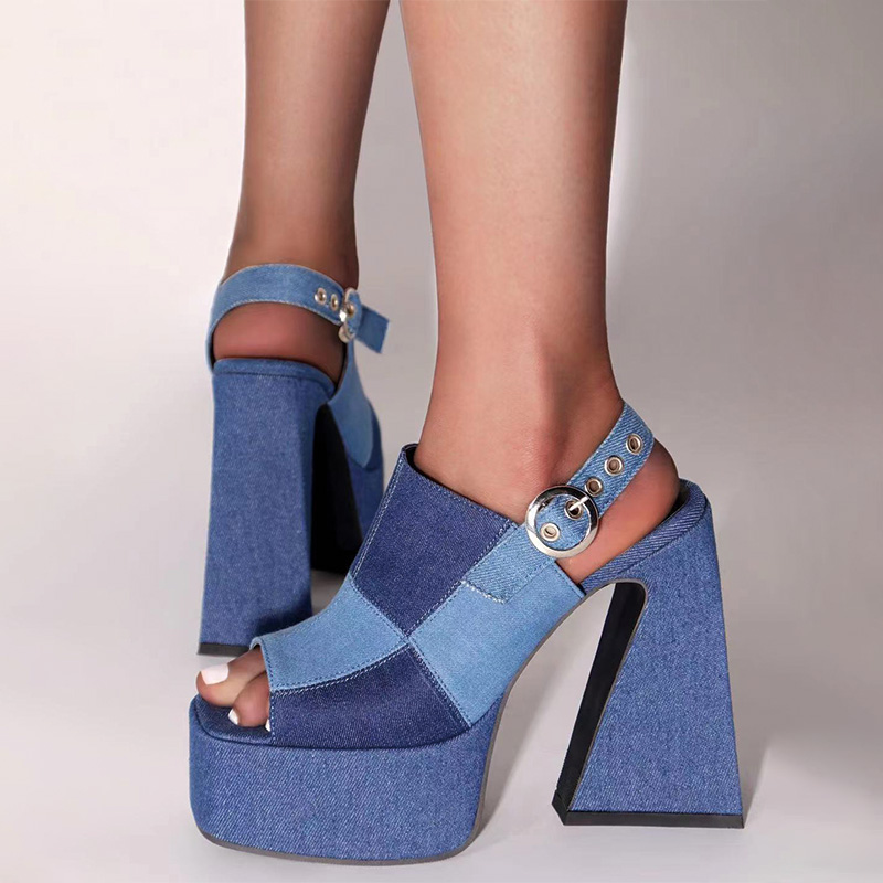 Shoeswoon Color Block Denim Slingback Open Toe Platform Chunky Trapeze Heel Sandals