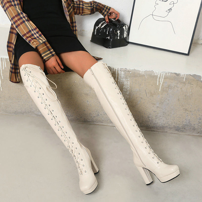 Shoeswoon Gothic Black Lace‑Up Side‑Zip Platform Block Heel Over Knee Boots