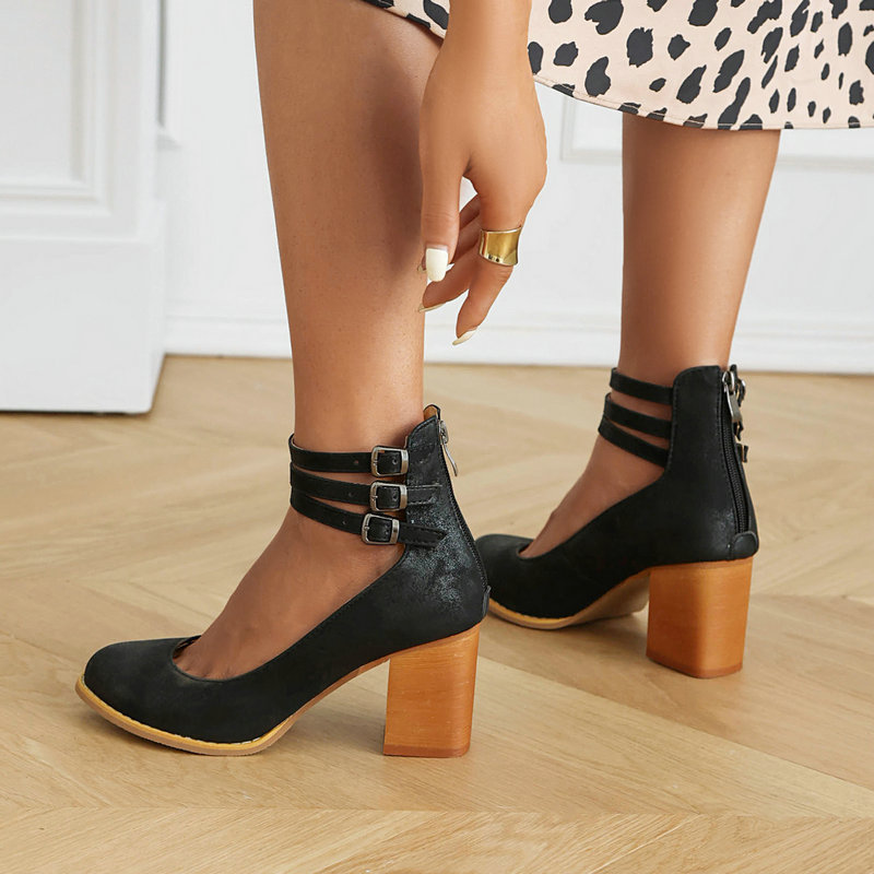 Shoeswoon Retro Triple Buckle Back‑Zip Mid Heel Mary Jane Shoes