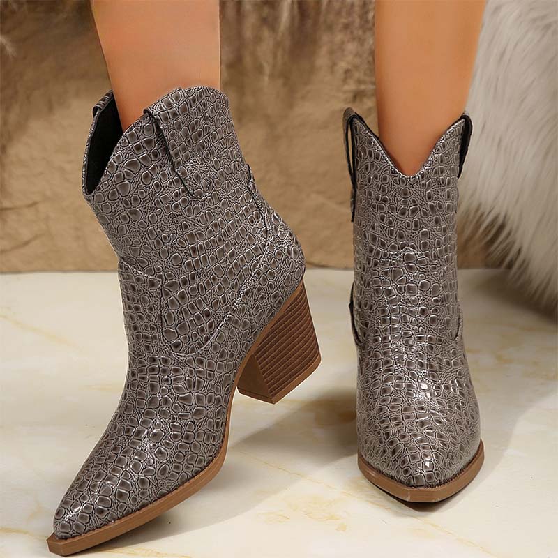 Shoeswoon Croc Embossed Pointed Toe Slip On Chunky Heel Ankle Western Cowgirl Boots