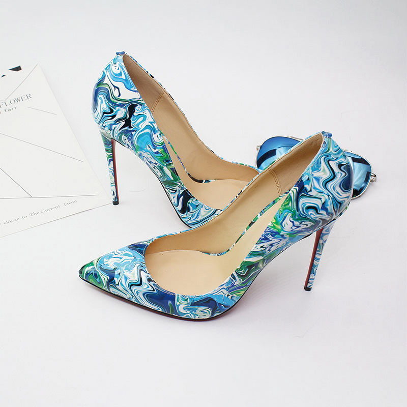 Shoeswoon Colorful Floral Print Patent Pointed Toe Slim Stiletto High Heel Pumps