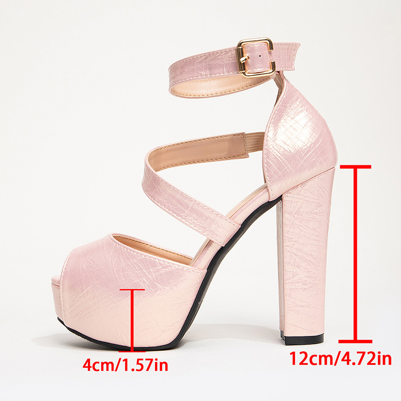 Shoeswoon Peep‑Toe Metallic Textured Double‑Ankle‑Strap Platform Heels