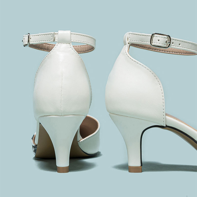 Shoeswoon Floral‑Embroidered Pointed‑Toe Ankle‑Strap Slingback Kitten‑Heel Pumps