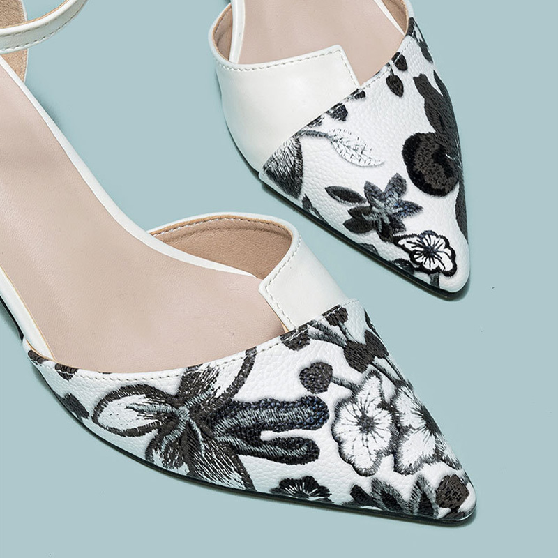 Shoeswoon Floral‑Embroidered Pointed‑Toe Ankle‑Strap Slingback Kitten‑Heel Pumps