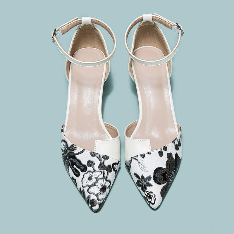 Shoeswoon Floral‑Embroidered Pointed‑Toe Ankle‑Strap Slingback Kitten‑Heel Pumps