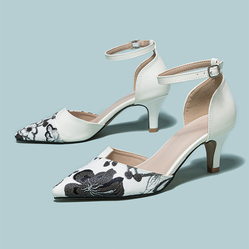 Shoeswoon Floral‑Embroidered Pointed‑Toe Ankle‑Strap Slingback Kitten‑Heel Pumps