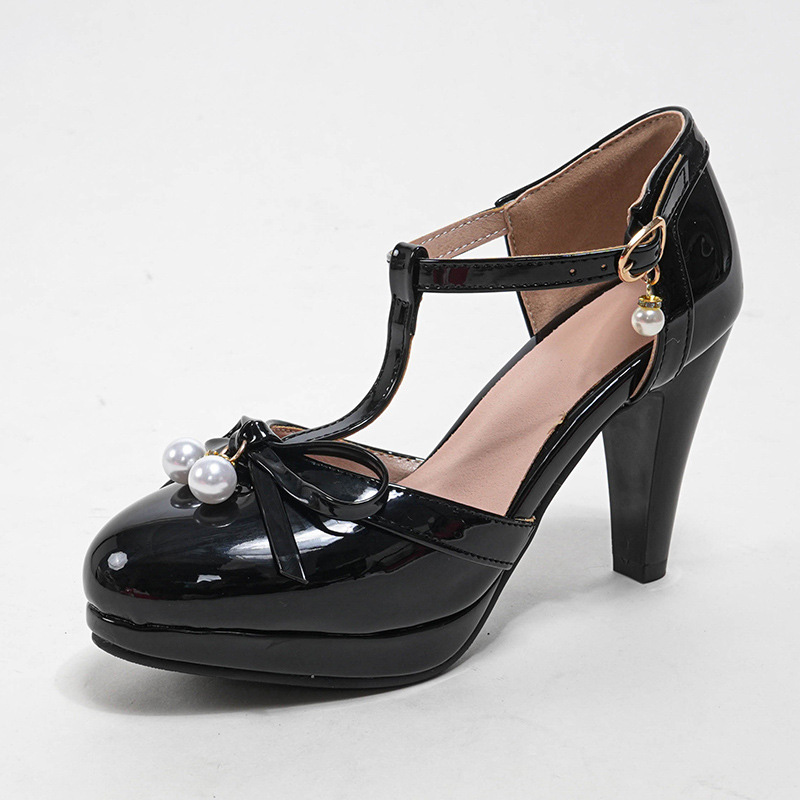 Shoeswoon T‑Strap Platform Pumps Pearl Bow Detail Round Toe Block Heel
