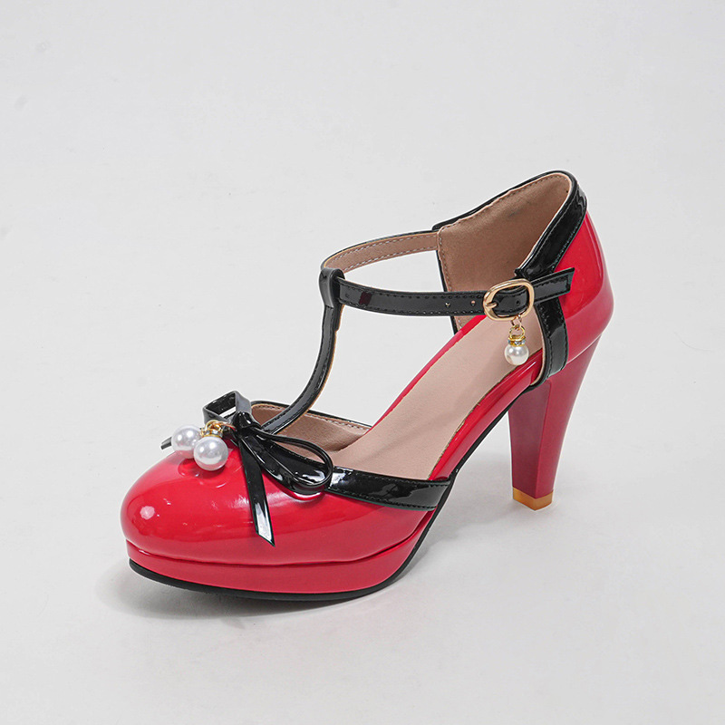 Shoeswoon T‑Strap Platform Pumps Pearl Bow Detail Round Toe Block Heel