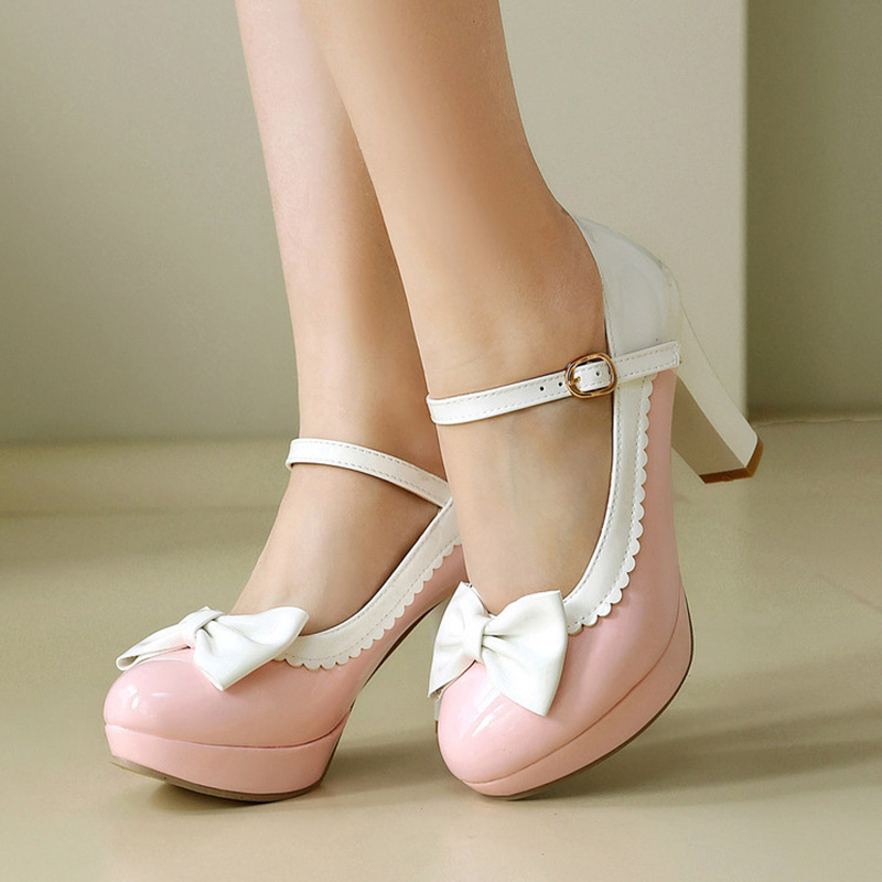 Shoeswoon Scalloped Trim Mary Jane Platform Pumps Bow Detail Block Heel