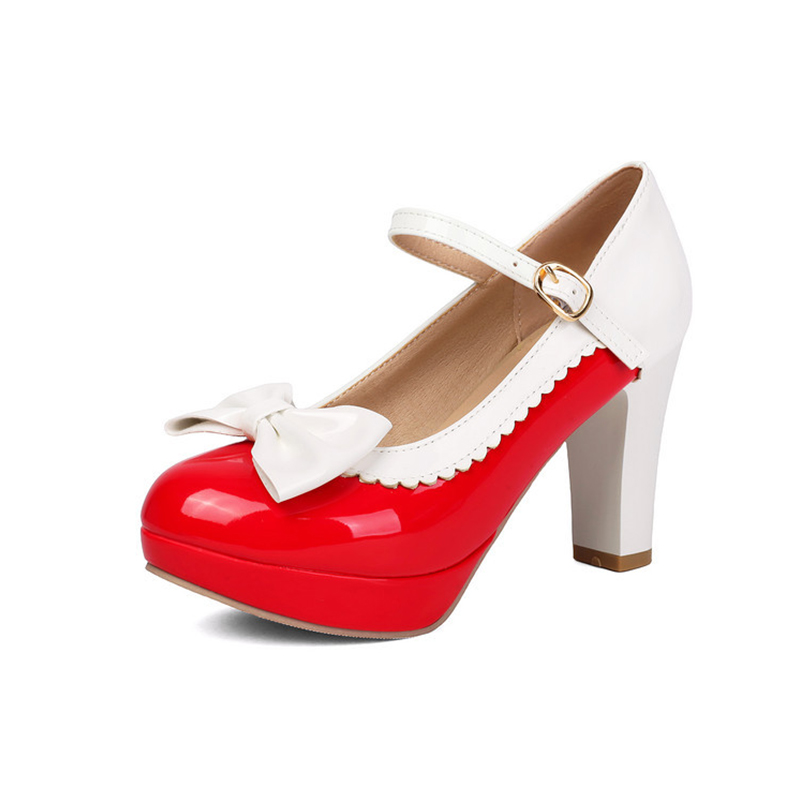 Shoeswoon Scalloped Trim Mary Jane Platform Pumps Bow Detail Block Heel