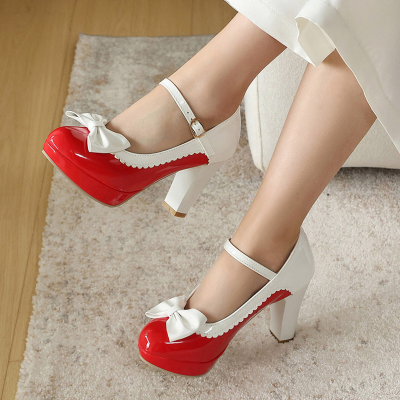 Shoeswoon Scalloped Trim Mary Jane Platform Pumps Bow Detail Block Heel