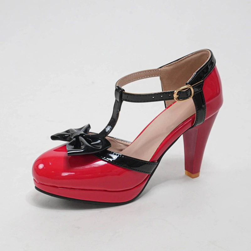 Shoeswoon Bow T‑Strap Platform Pumps Round Toe Block Heel