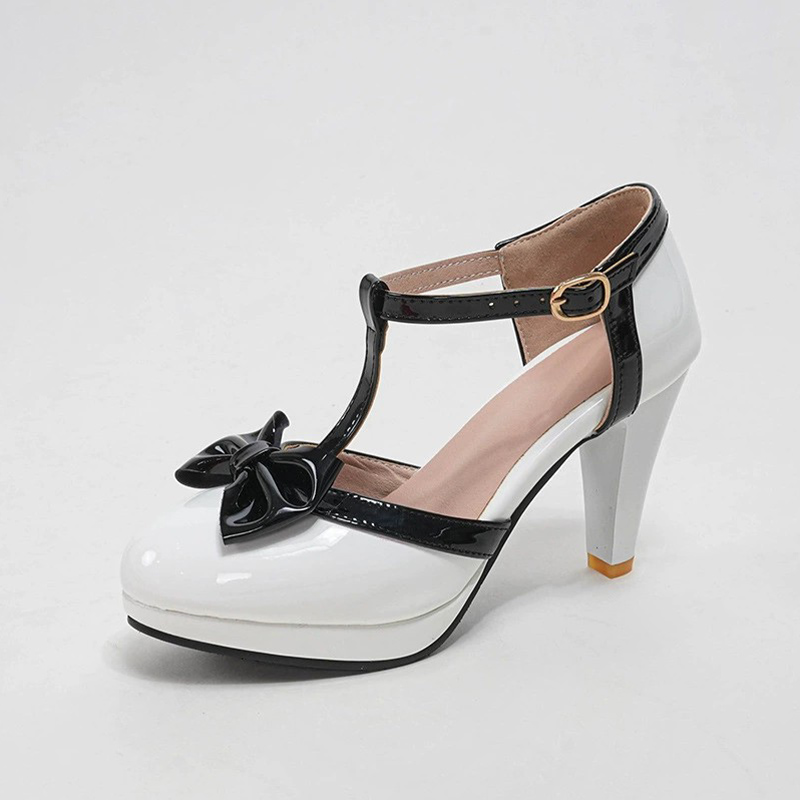 Shoeswoon Bow T‑Strap Platform Pumps Round Toe Block Heel